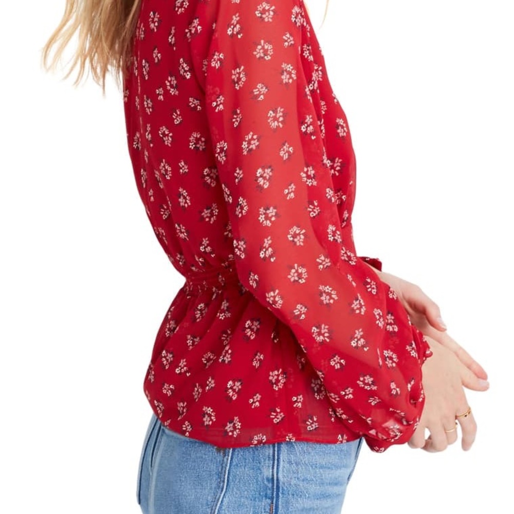 Madewell red floral peplum long sleeve top